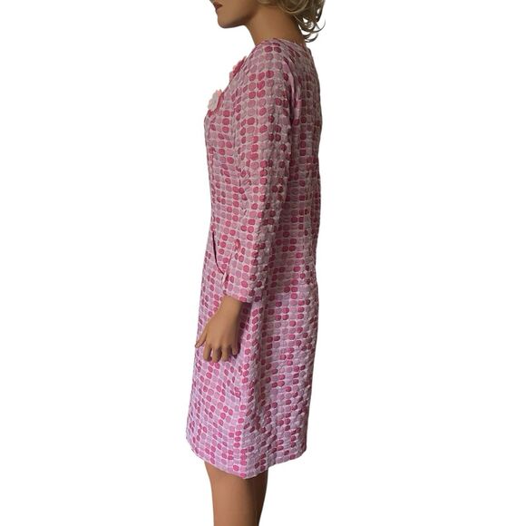 Vtg Thick Poly Mod Floral Pink Shift Dress Poka Dot Pockets Lined Boat Collar 3D - Picture 10 of 16
